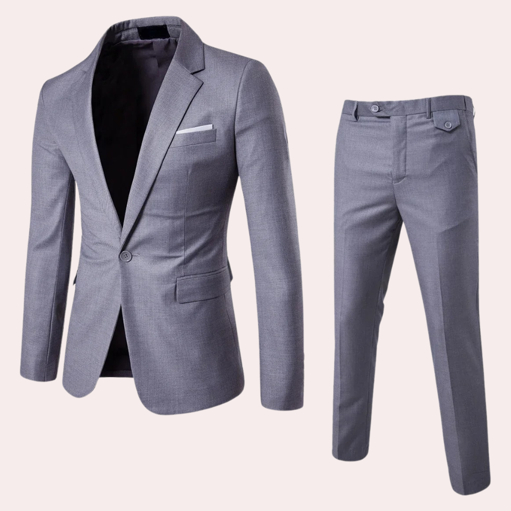 Men's dark formal two-piece suit, single-breasted blazer with lapels and straight-leg trousers