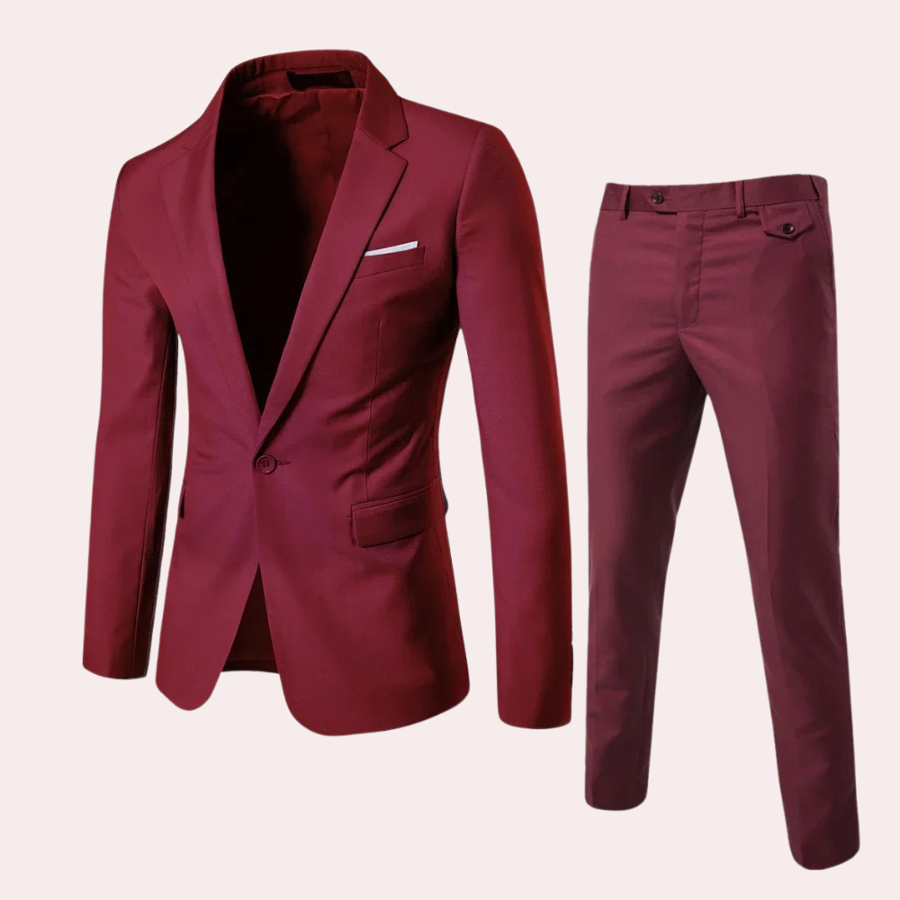 Men's navy blue slim-fit two-piece formal suit with classic lapels and straight-leg trousers