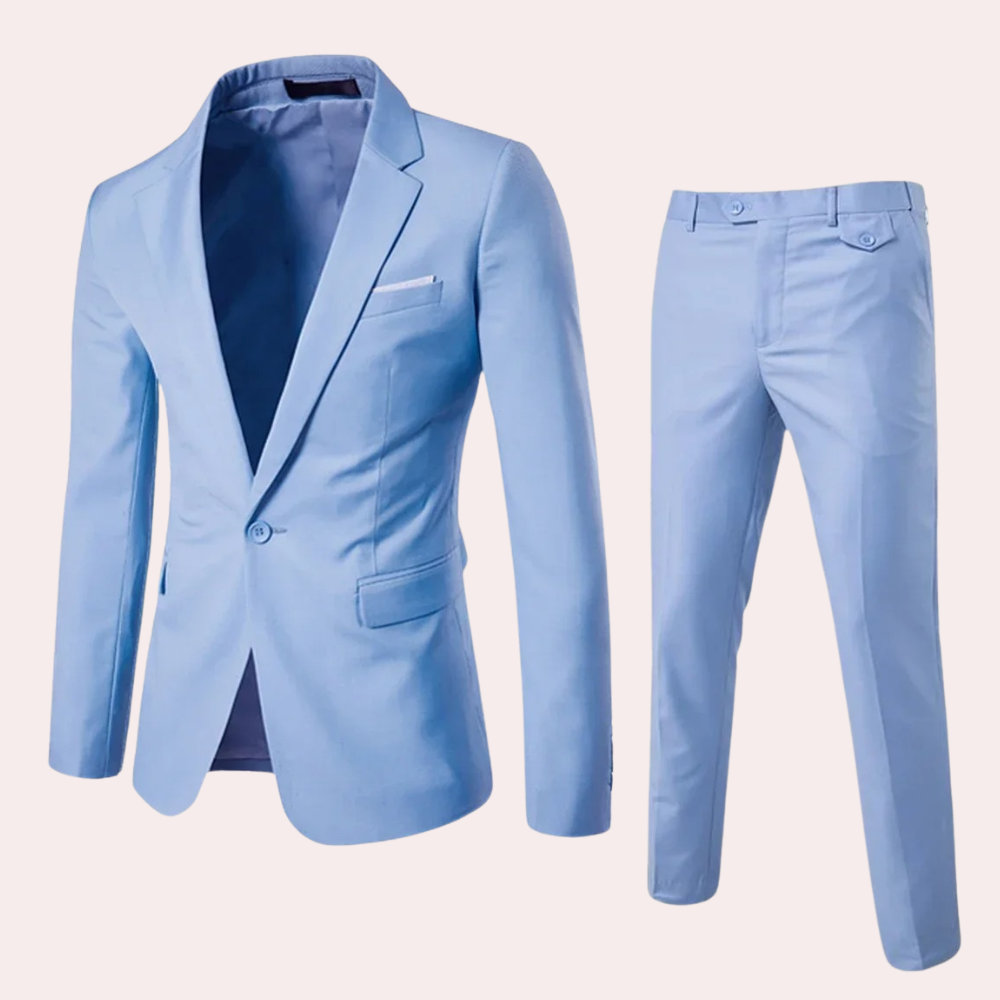 Men's black formal two-piece suit slim-fit blazer lapels straight-leg trousers professional style
