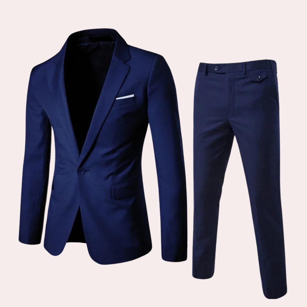 Men's dark formal two-piece suit, single-breasted blazer with lapels and straight-leg trousers