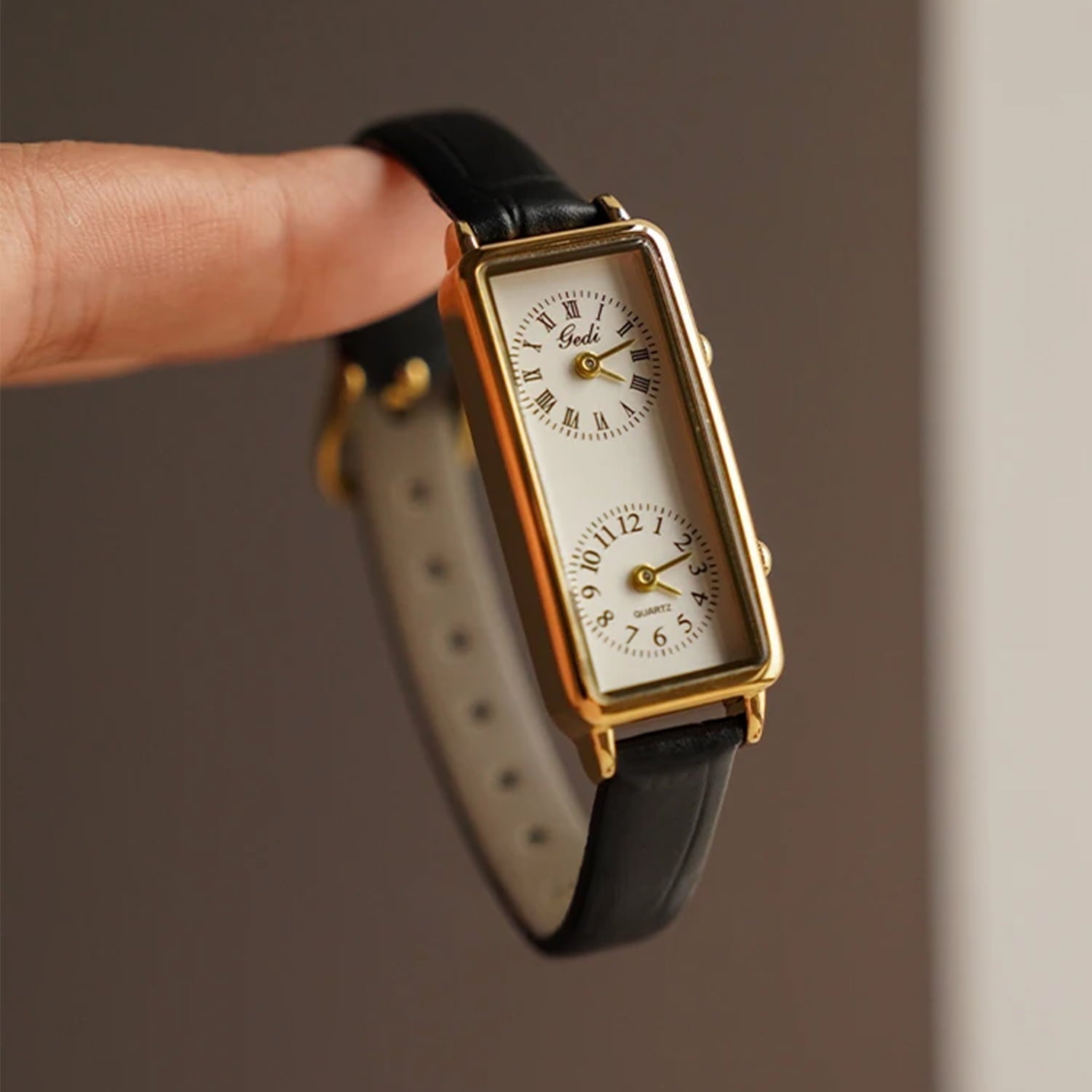 Amelia women's rectangular faux leather wristwatch dual dial Roman Arabic numerals elegant design
