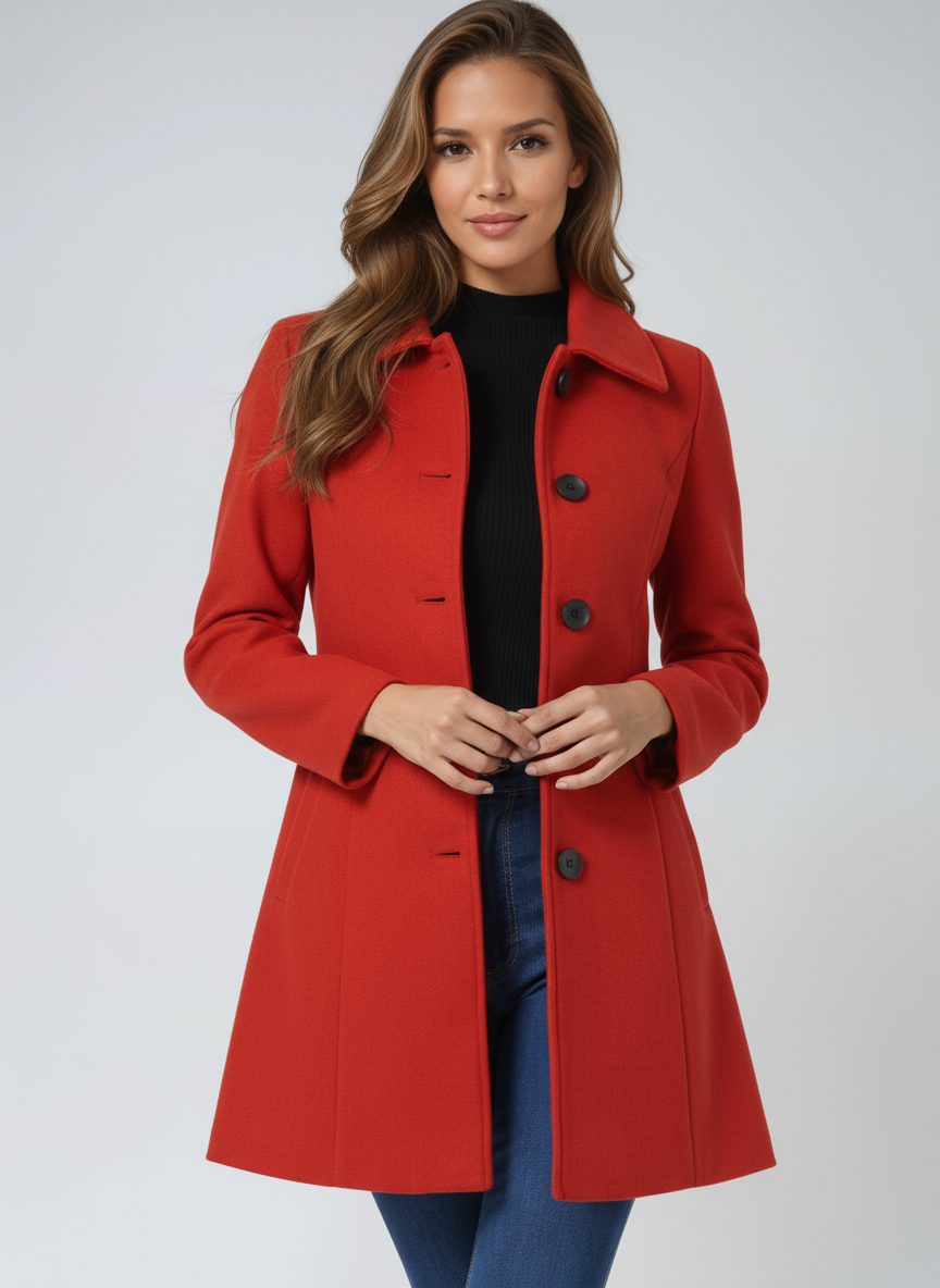 Women black wool blend single breasted winter trench coat tailored fit with structured collar