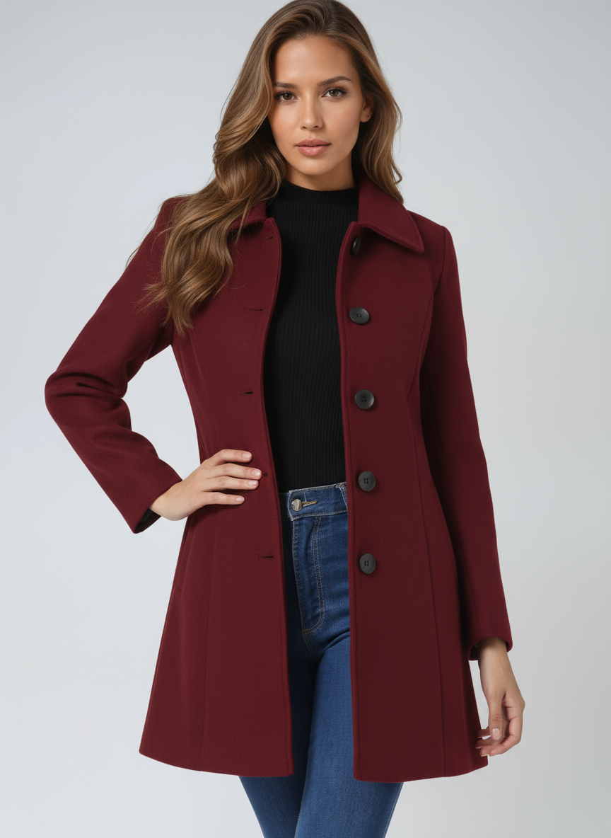 Women's black wool blend single-breasted winter trench coat tailored fit with structured collar