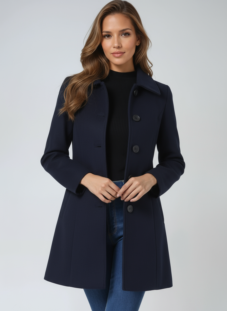 Women's black wool blend winter trench coat tailored fit with structured collar, single breasted