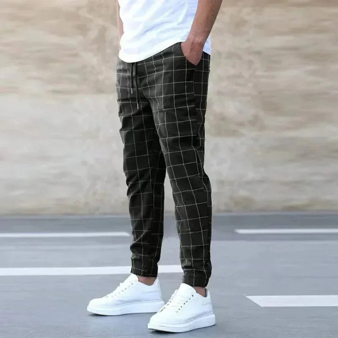 Men's checkered tapered joggers in cotton blend with adjustable drawstring waist streetwear fit