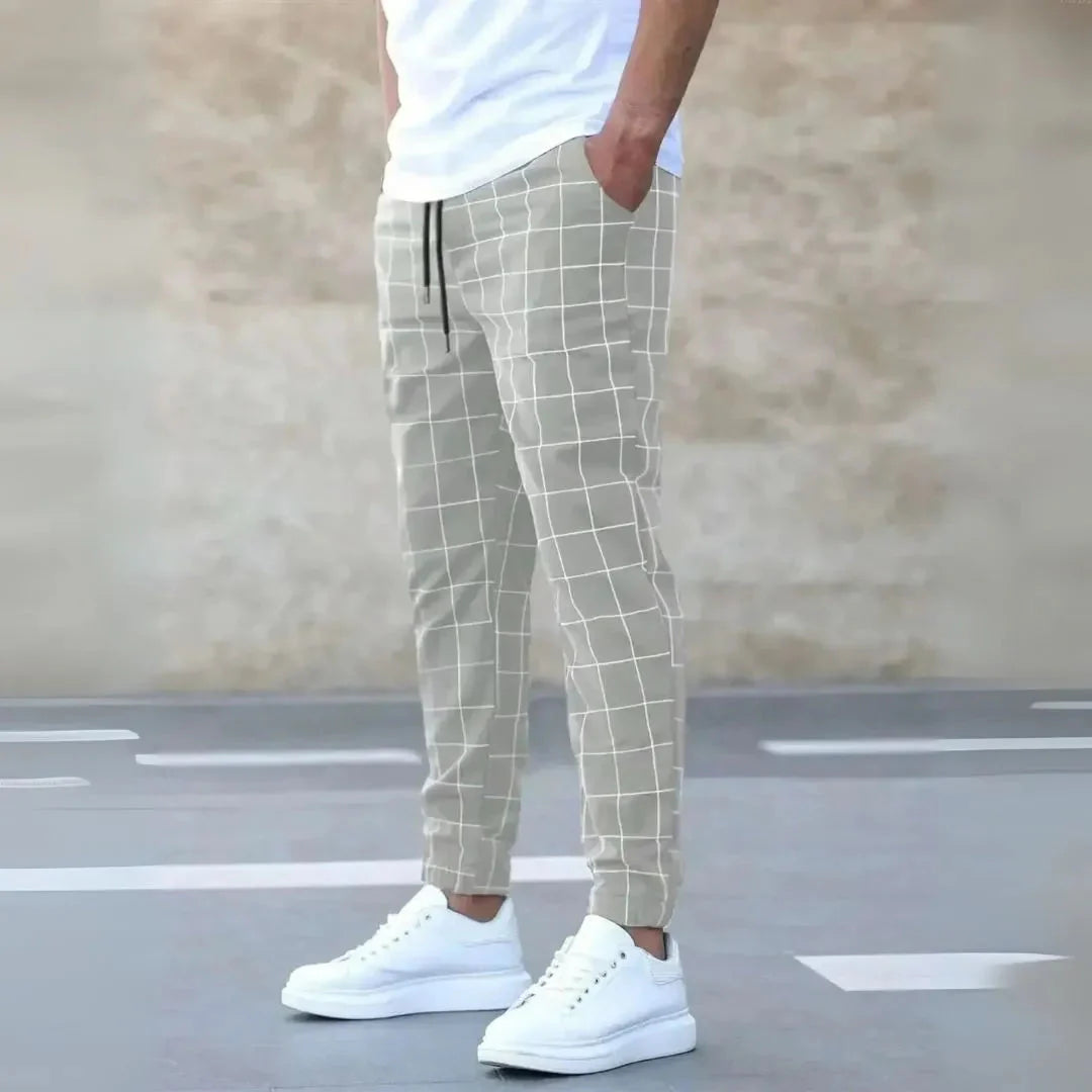 Men's checkered tapered joggers cotton blend pants with adjustable drawstring waist streetwear fit