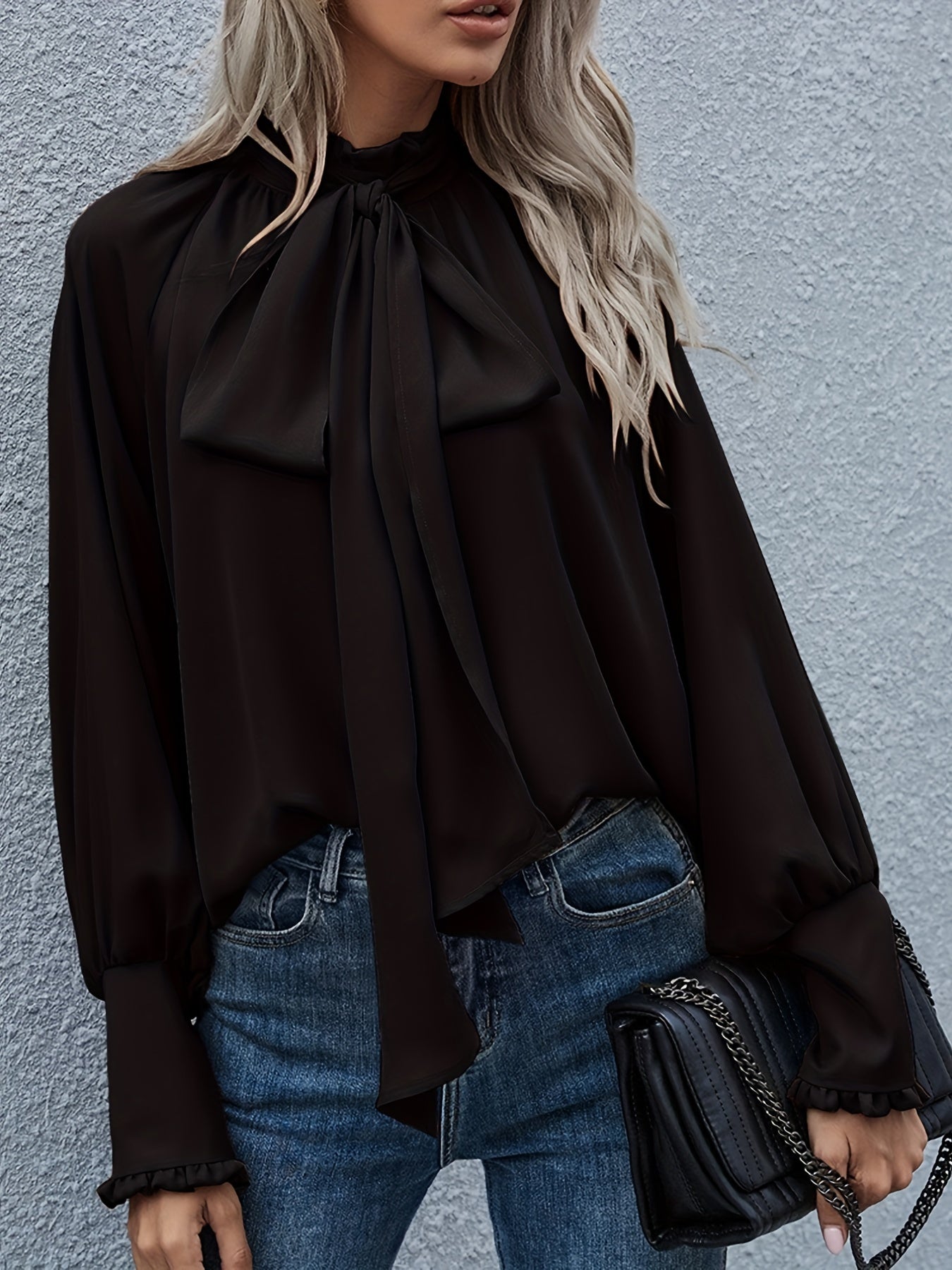 Women's ivory tie-neck blouse long sleeve elegant office-ready top with structured bow detail