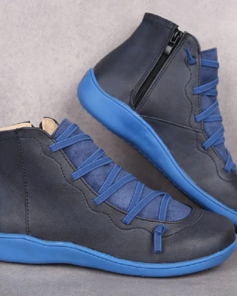 Women's black vegan leather ankle boots lace-up zipper closure rubber sole daily comfort