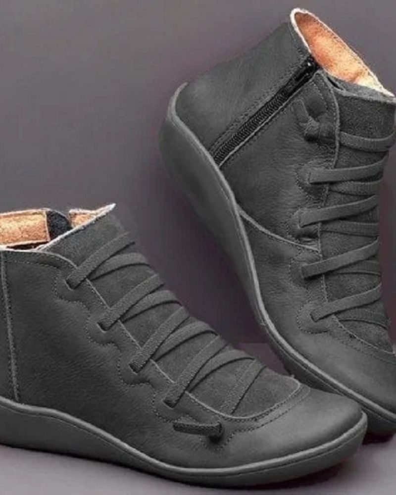 Women's black vegan leather ankle boots lace-up zipper closure sturdy rubber sole all-day comfort