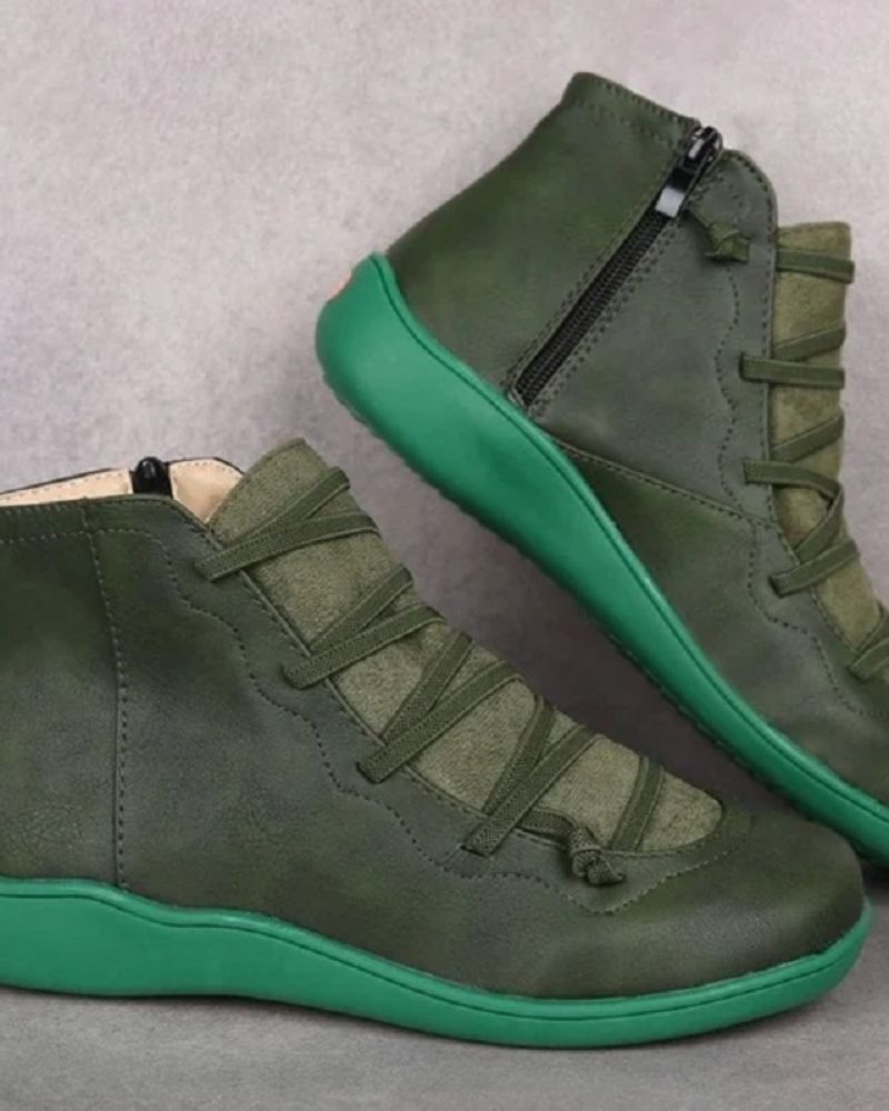 Women's black vegan leather ankle boots lace-up zipper closure all-day comfort rubber sole
