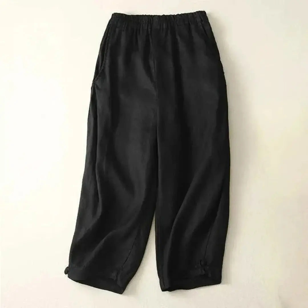 Women's cropped linen pants relaxed fit elastic waist lightweight breathable trousers casual style