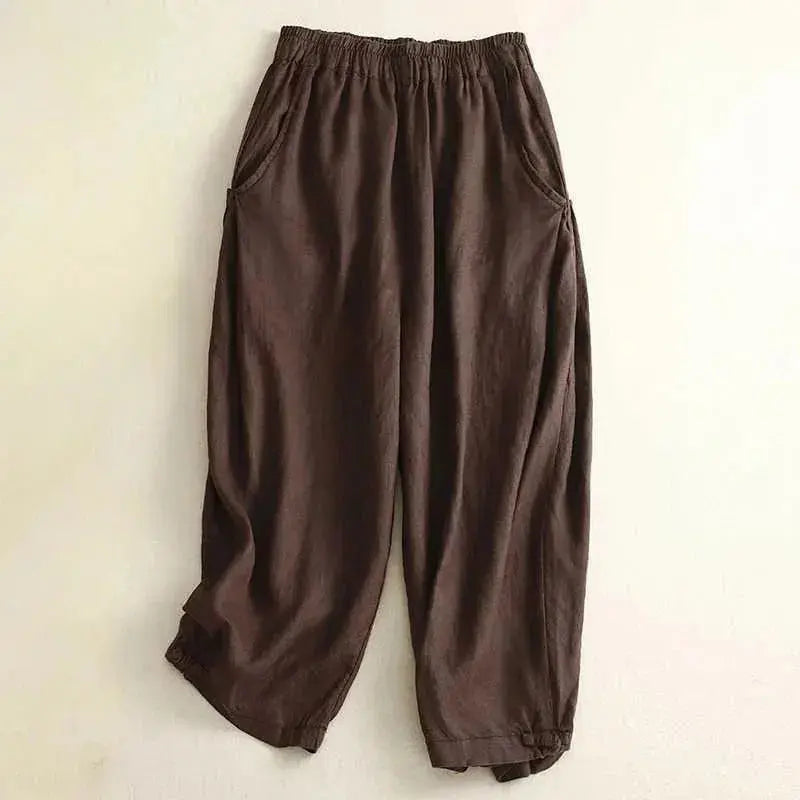 Women's cropped linen pants relaxed fit elastic waist lightweight breathable trousers casual style