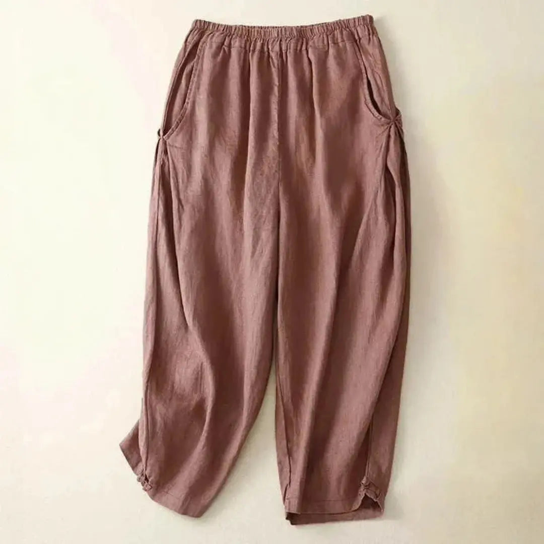 Women's cropped linen pants relaxed fit elastic waist lightweight breathable trousers casual style