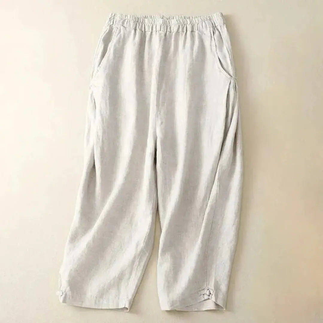 Women's cropped linen pants relaxed fit elastic waist lightweight breathable trousers casual style
