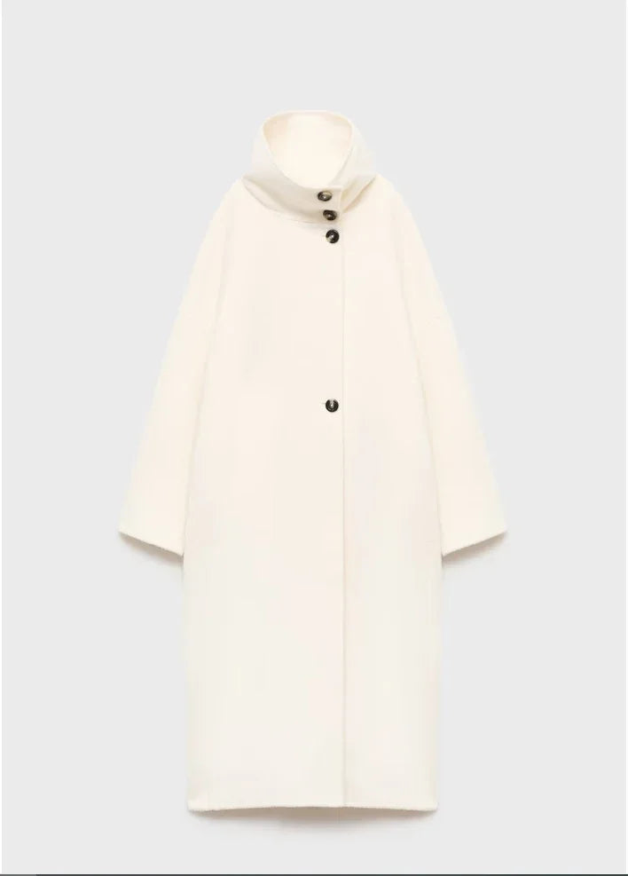 Women's long button-up trench coat in warm tones, structured silhouette with front button closure