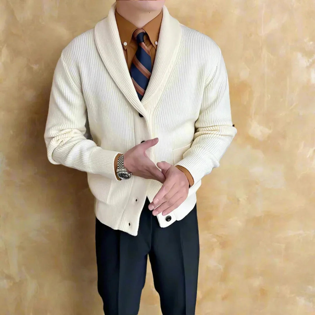 Juliano ribbed shawl collar cardigan unisex knit with front patch pockets for everyday layering