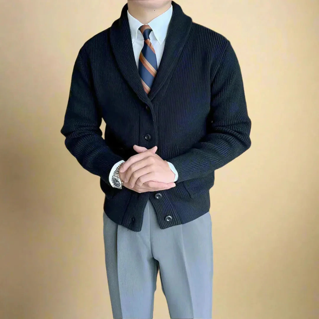 Ribbed shawl collar cardigan unisex oatmeal knit with front patch pockets relaxed everyday layering