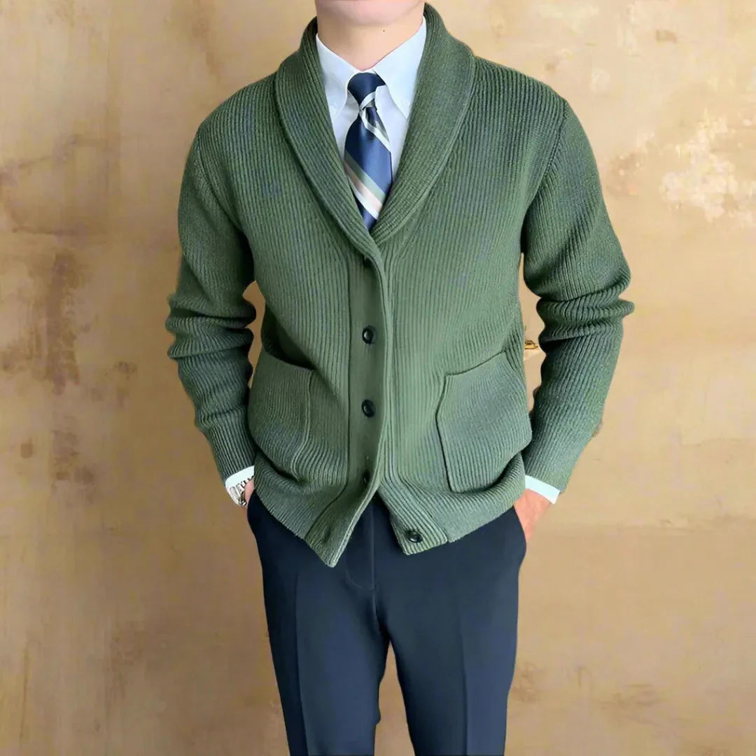 Juliano ribbed shawl collar cardigan unisex knit with front patch pockets for relaxed everyday layering
