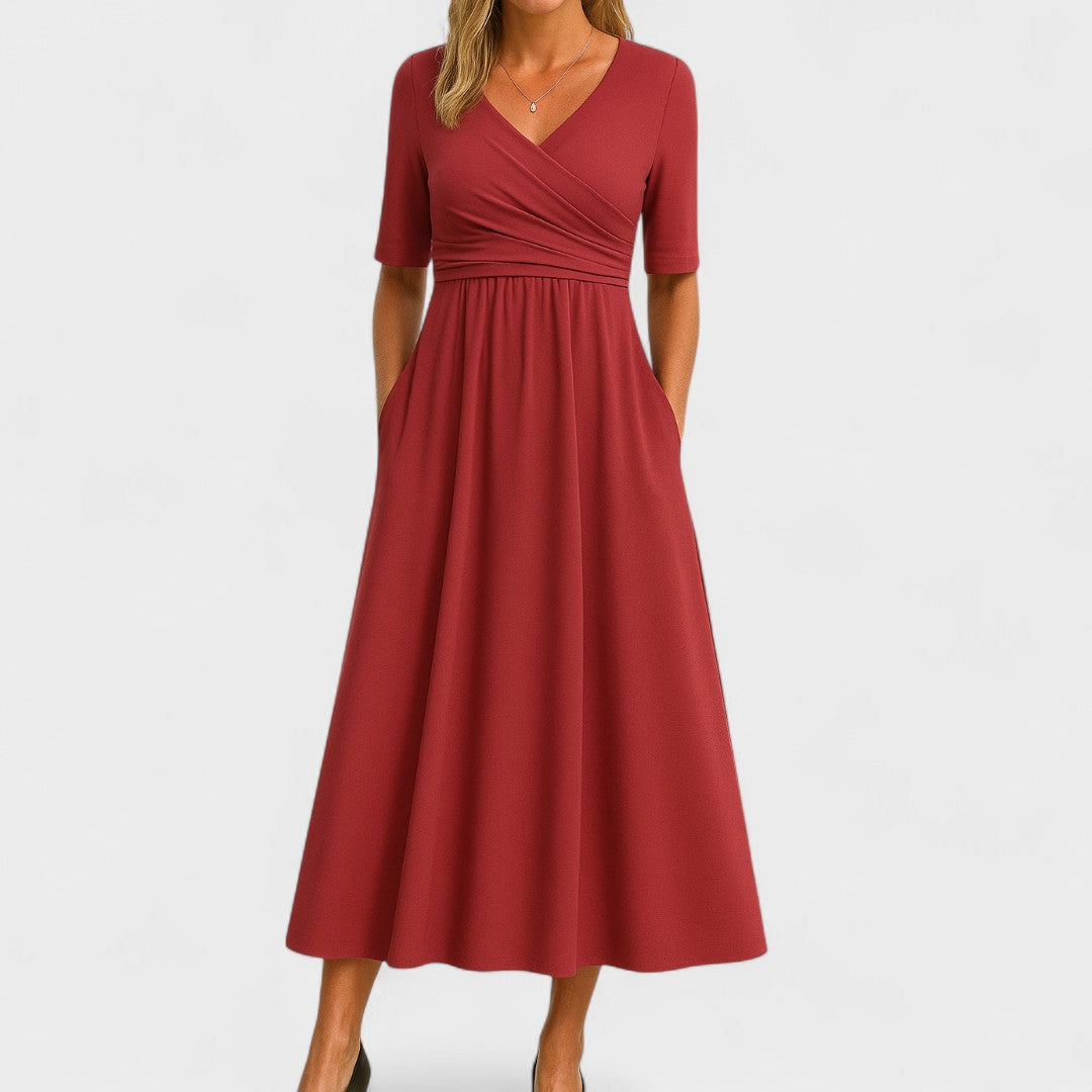 Floral wrap waist maxi dress with gathered silhouette, flattering bodice, and hidden side pockets