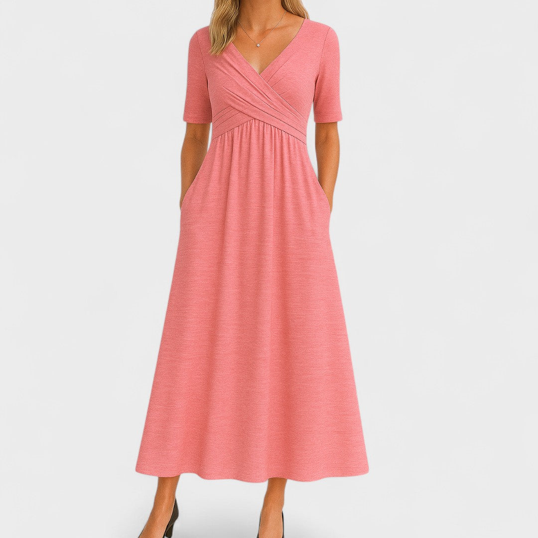 Graceful wrap waist maxi dress with flattering gathered silhouette and hidden pockets for women