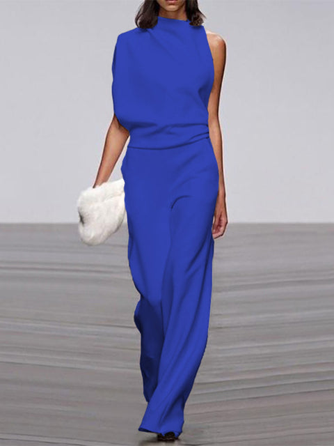 Women's sleeveless wide-leg jumpsuit with asymmetric neckline, festive formal style