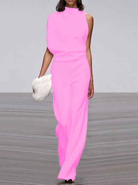Women's sleeveless festive jumpsuit with asymmetric neckline and wide-leg silhouette for evening wear