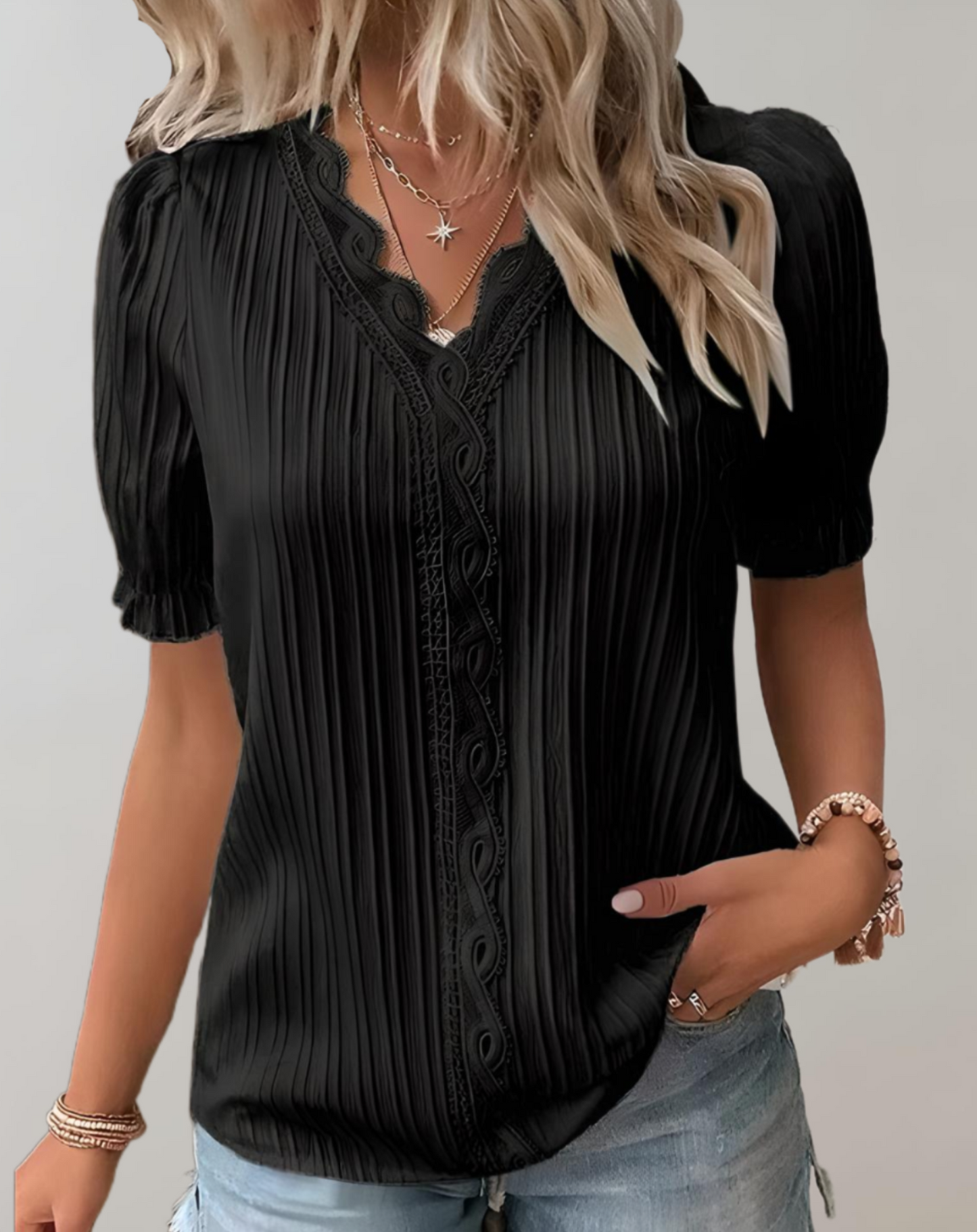 Women's patchwork top V-neck loose fit relaxed colorblock panels everyday casual style
