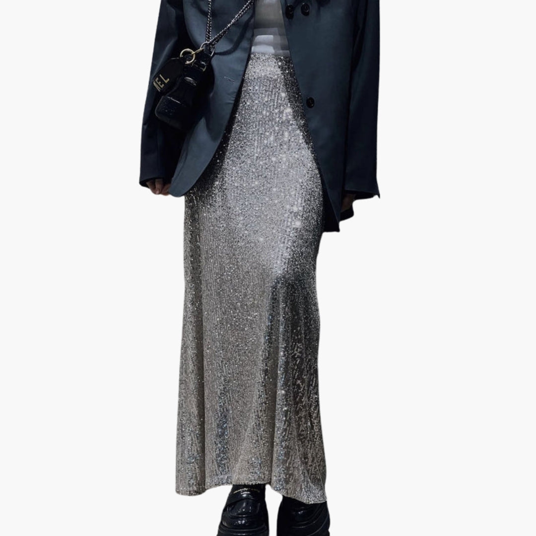 Women's silver sequin high waist maxi skirt, floor-length slip-on design with elastic waistband