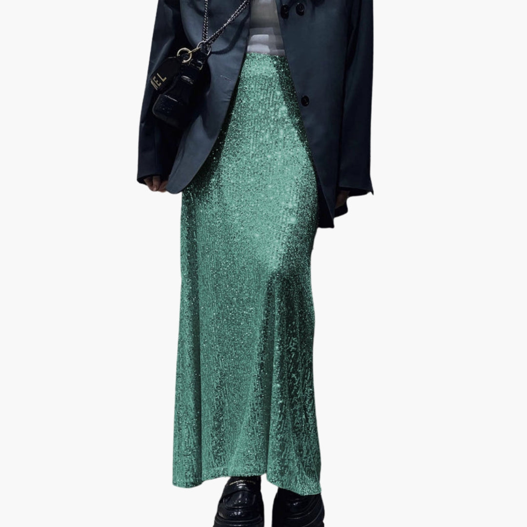 Women's silver sequin high waist maxi skirt, floor-length slip-on with elastic waistband