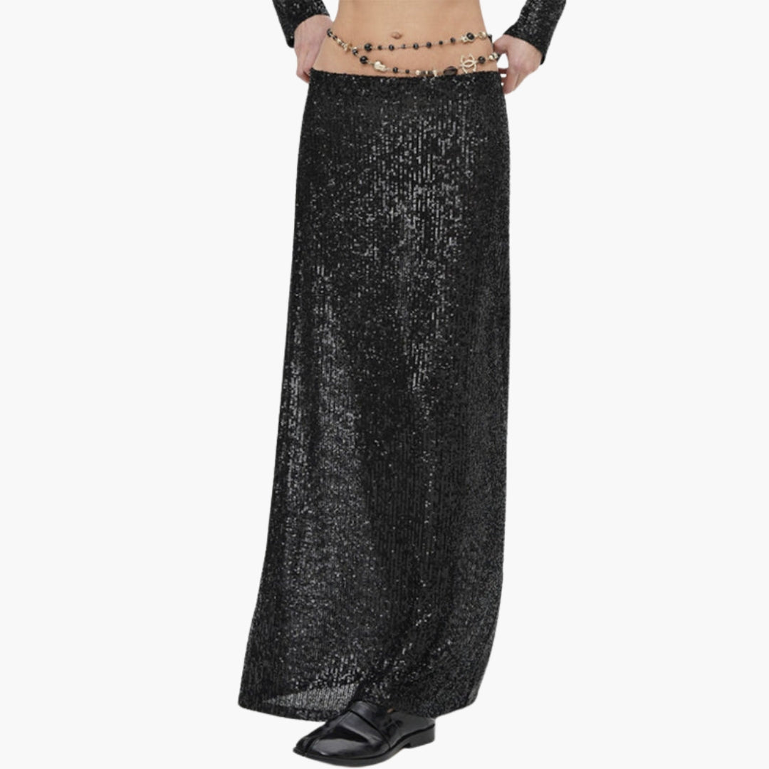Women's silver sequin high waist maxi skirt, floor-length slip-on with elastic waistband