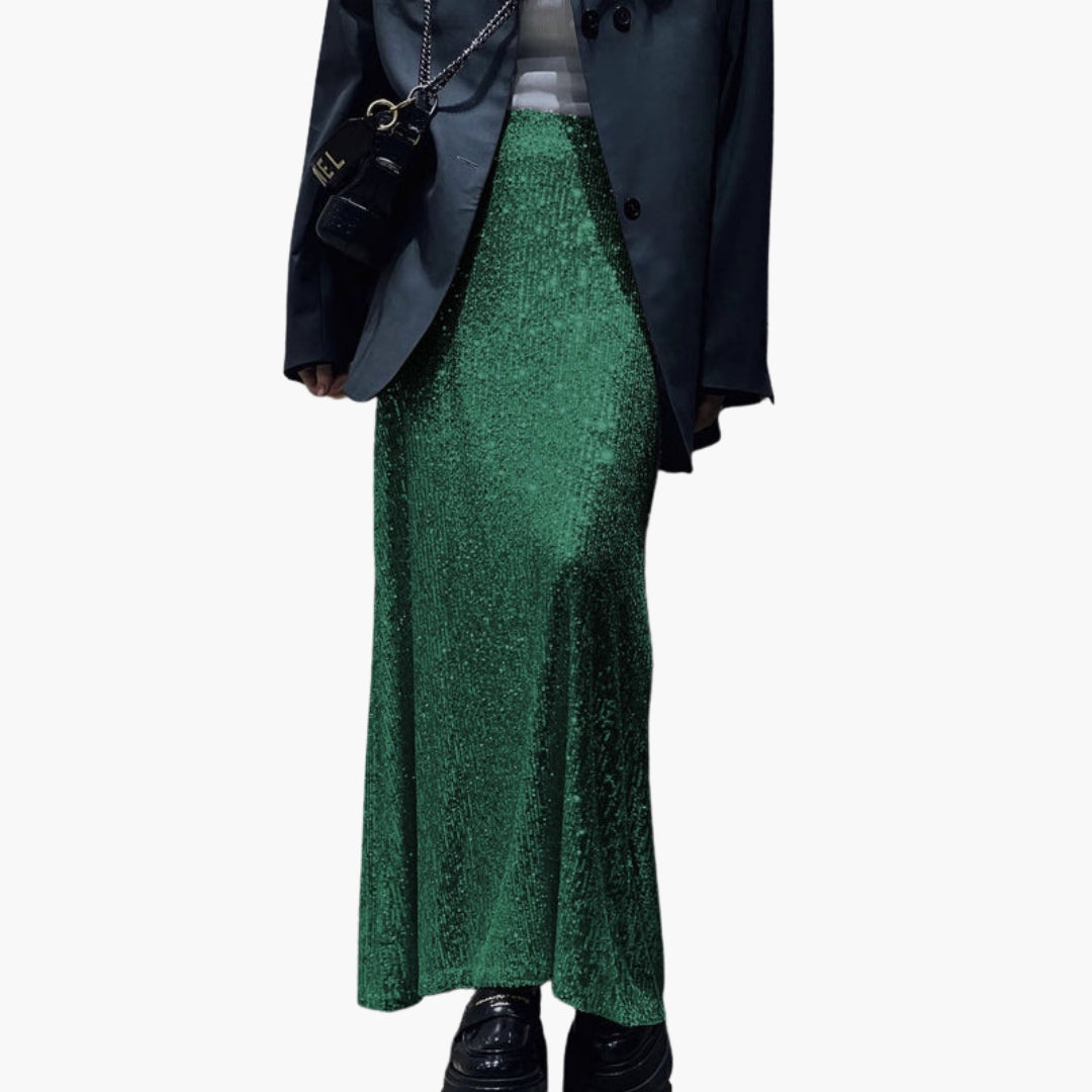 Women's silver sequin high waist maxi skirt, floor-length slip-on with elastic waistband