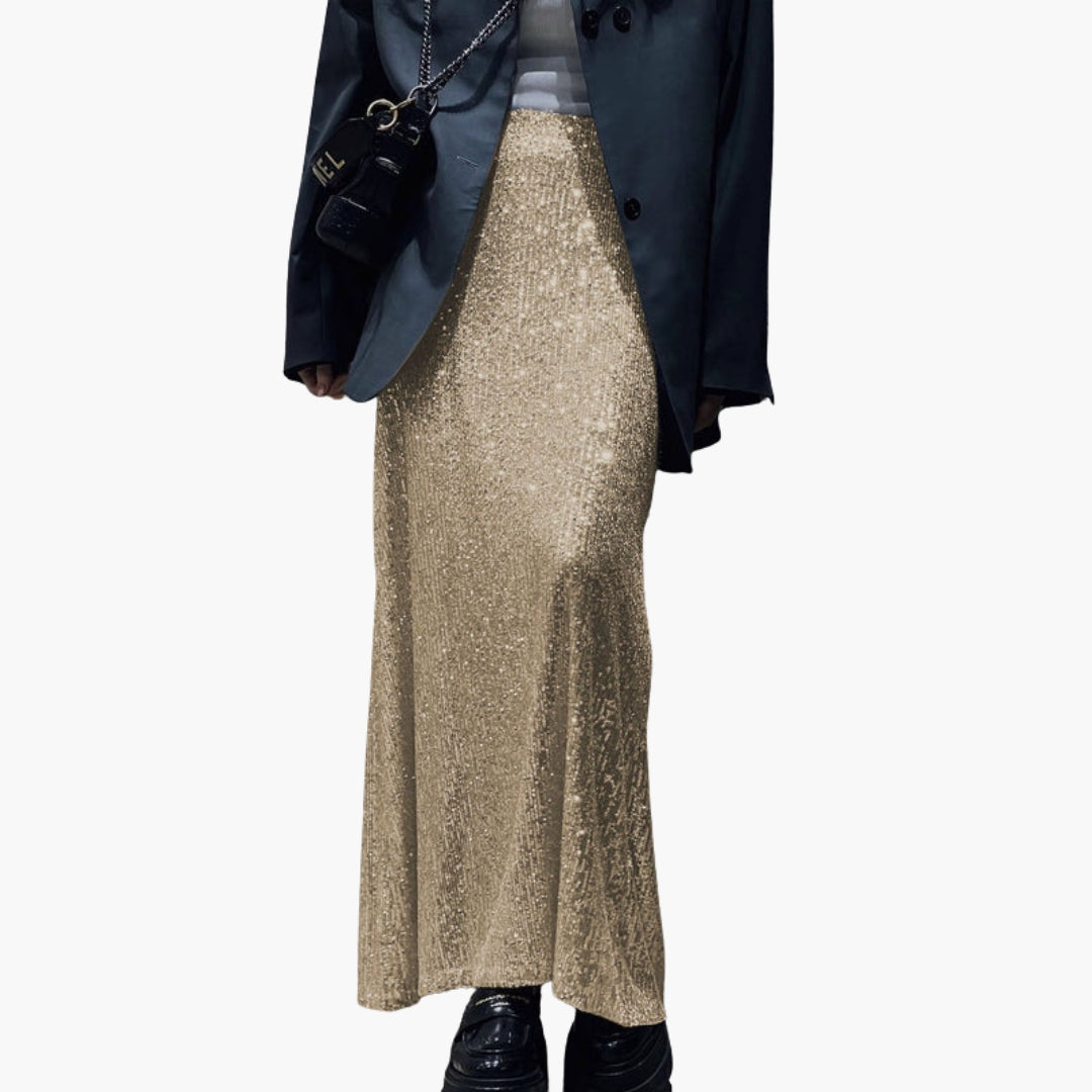 Women's silver sequin high-waist maxi skirt, floor-length slip-on with elastic waistband