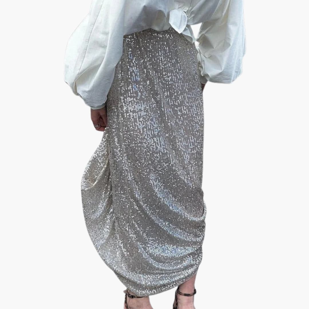 Women's silver sequin maxi skirt high waist glitter floor-length glamorous occasion wear