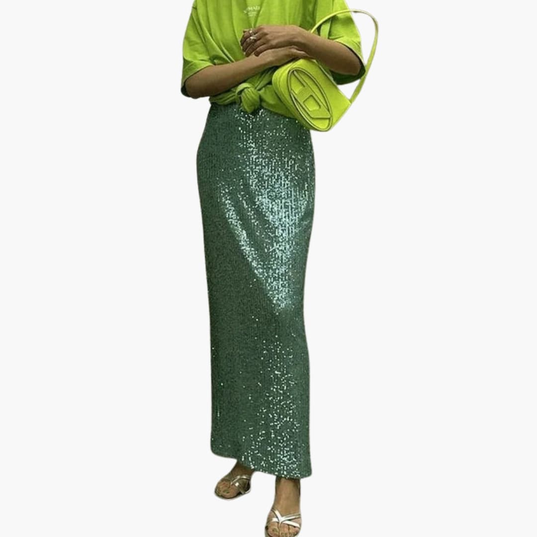 Women's silver sequin maxi skirt high waist floor-length glitter formal party style