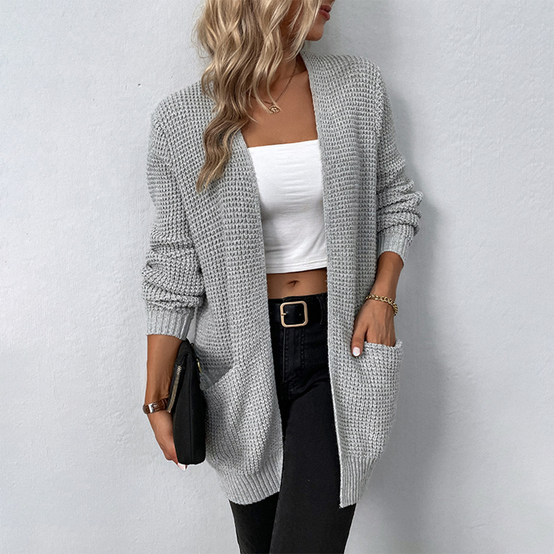 Women's cozy open front cardigan relaxed fit with deep pockets, warm winter layering piece