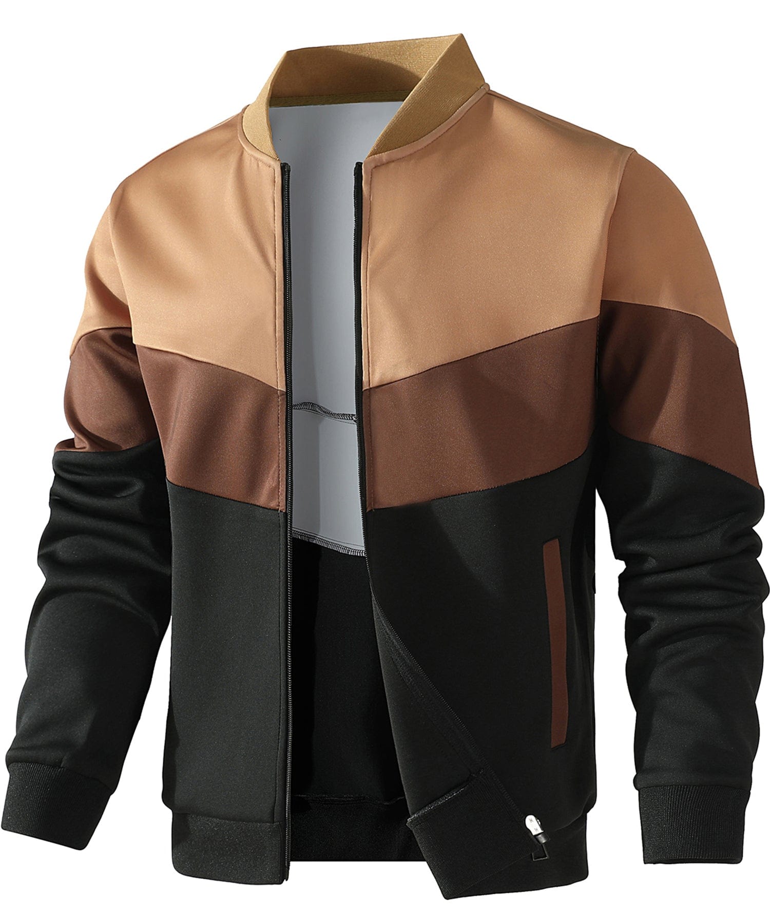 Men's color block hip-length bomber jacket with zip front, ribbed collar, and casual regular fit
