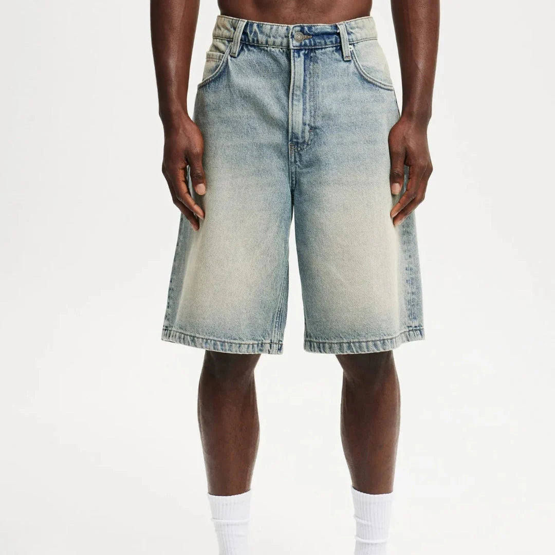 Men's relaxed fit denim shorts vintage wash knee-length breathable cotton-linen blend