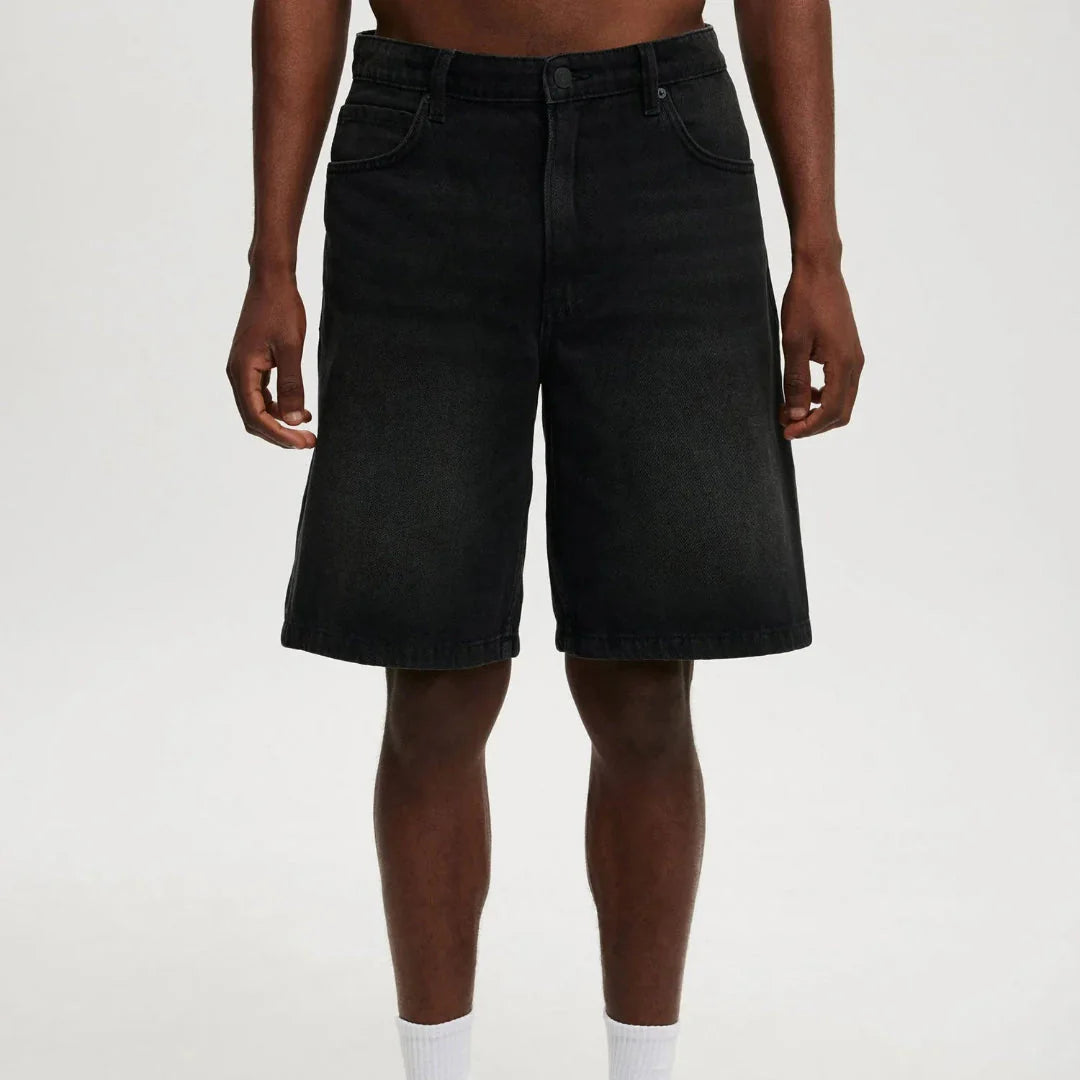 Men's relaxed fit knee-length denim shorts vintage faded wash breathable cotton-linen blend