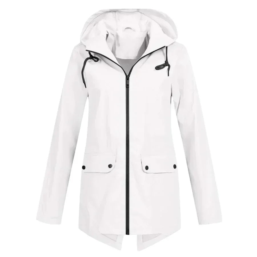 Women's waterproof hooded raincoat in neutral tone, slim commuter cut with front pockets