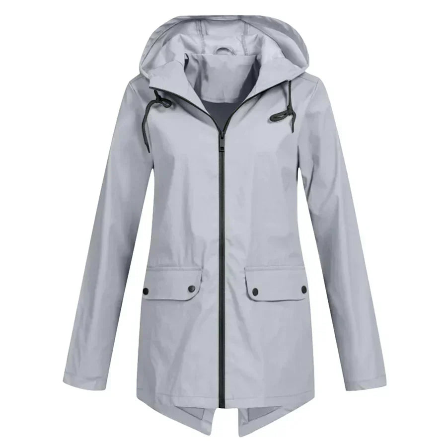 Women's waterproof hooded raincoat in neutral tone, slim commuter cut with front pockets