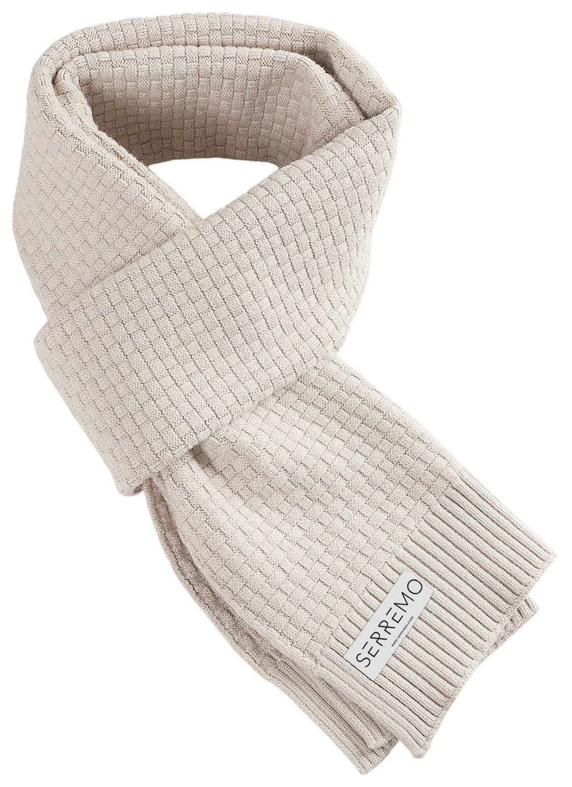 Olive waffle knit textured scarf with ribbed trim, unisex rectangular silhouette for everyday warmth