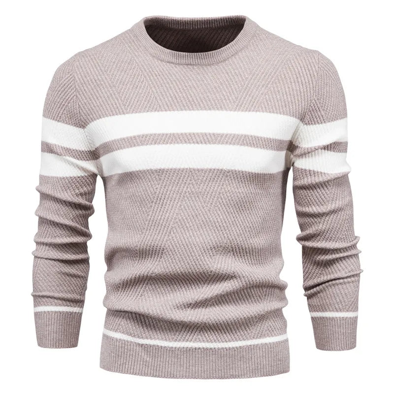 Men's navy blue classic knit sweater with timeless elegant silhouette and premium ribbed detailing