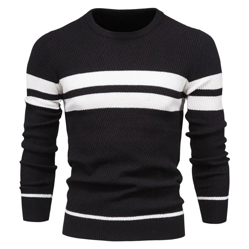 Men's navy classic crew neck knit sweater with premium ribbed trim for elegant casual wear