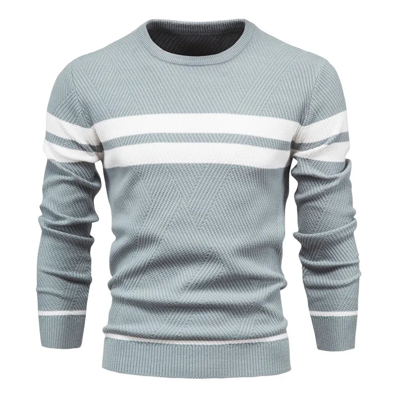 Men's navy blue classic knit sweater with timeless elegant silhouette and premium craftsmanship