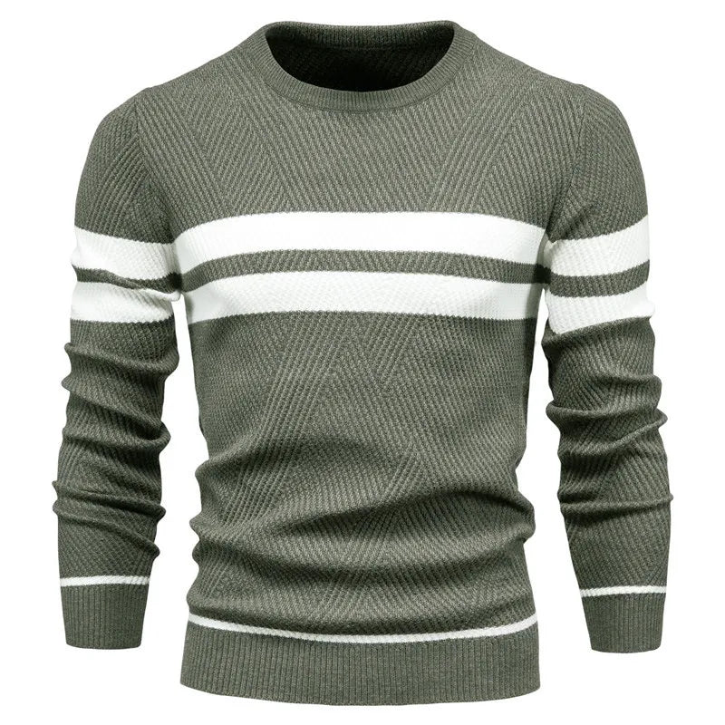 Men's navy blue classic crewneck knit sweater with premium ribbed cuffs for elegant casual wear
