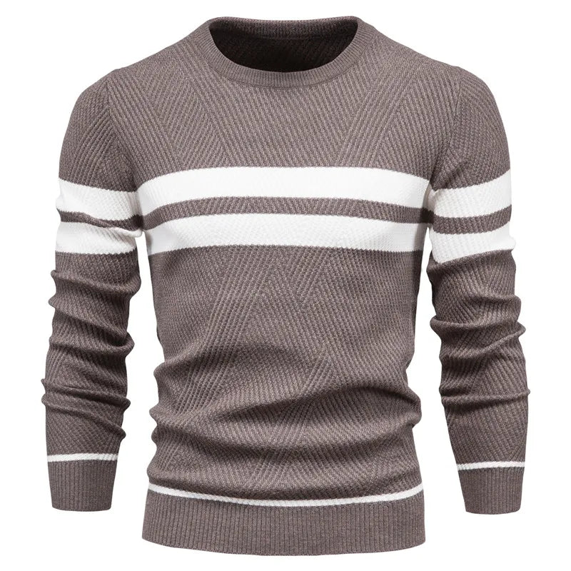 Men's navy blue classic crew neck knit sweater with premium ribbed cuffs for elegant casual wear