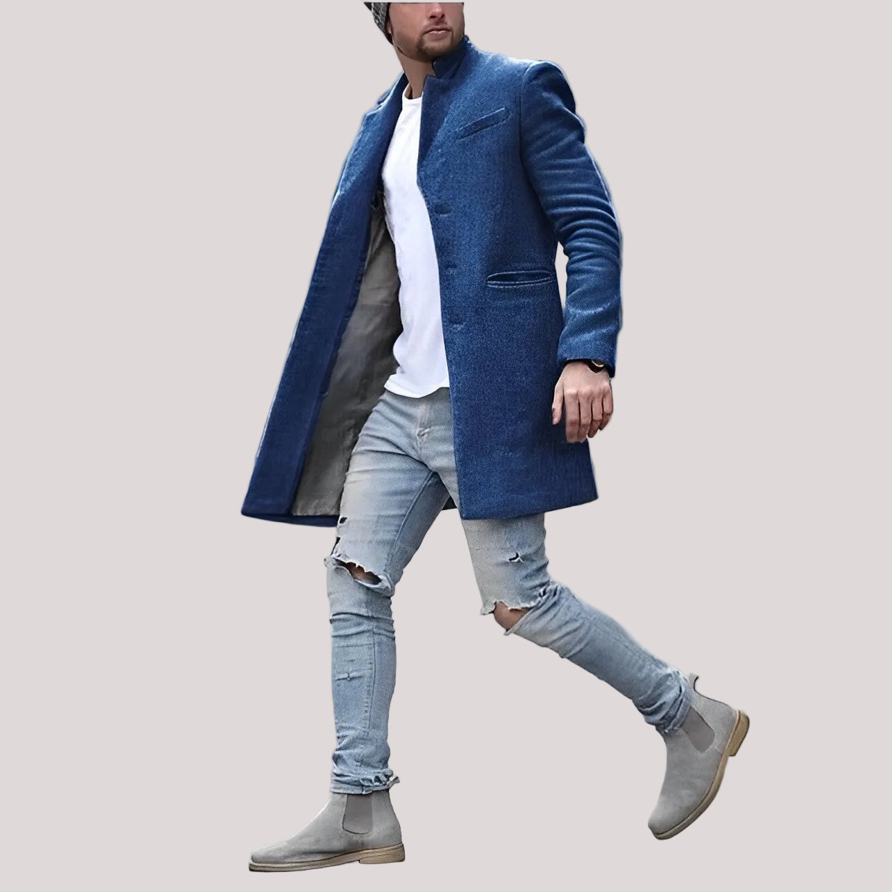 Men's long textured winter coat in neutral tone with structured stand-up collar for cold weather