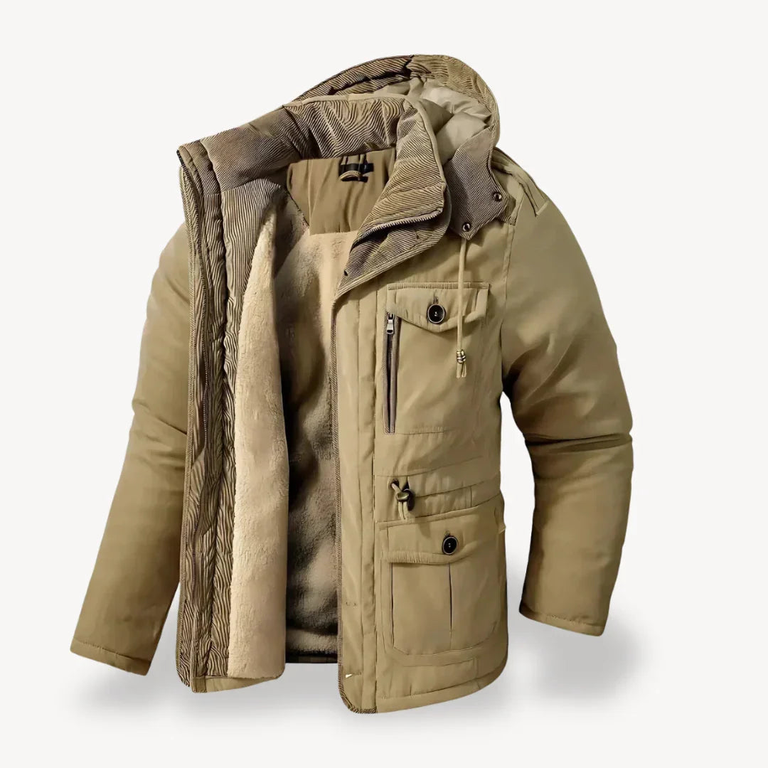 Men's heavy-duty winter jacket streamlined silhouette functional warmth outdoor-ready durable cold-weather coat