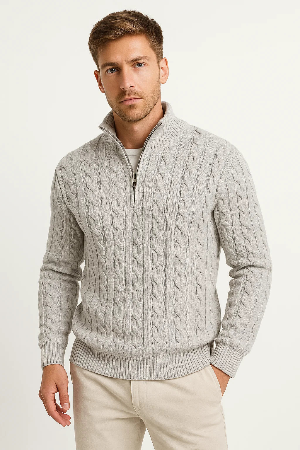 Men's spring cable knit sweater with zip-neck, classic texture, versatile layering style