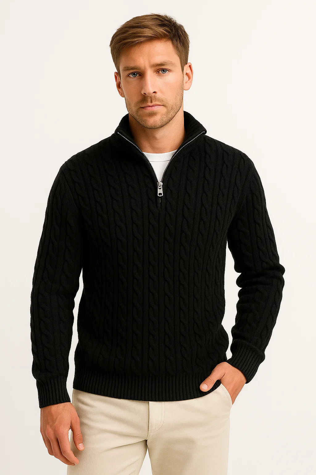 Men's spring cable knit zip-neck sweater in neutral tone, slim-fit silhouette with textured pattern